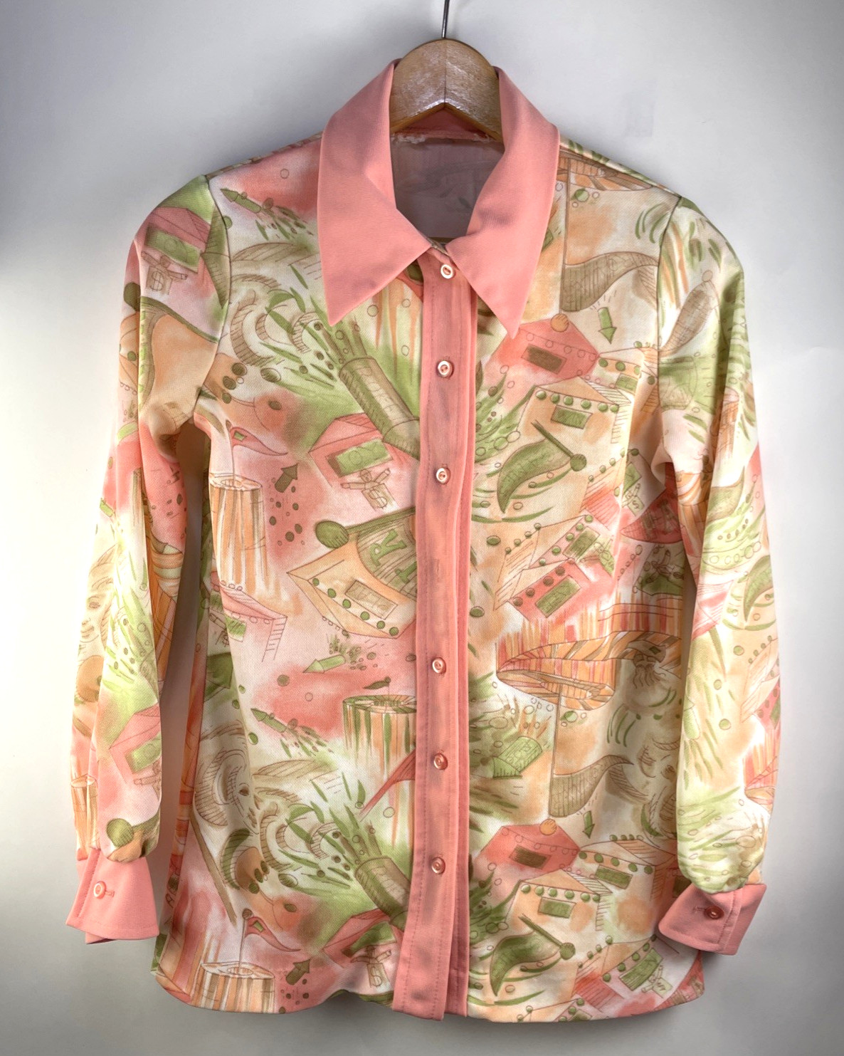 Vtg Novelty Print Polyester Blouse Retro Mod Women’s S Pink Green