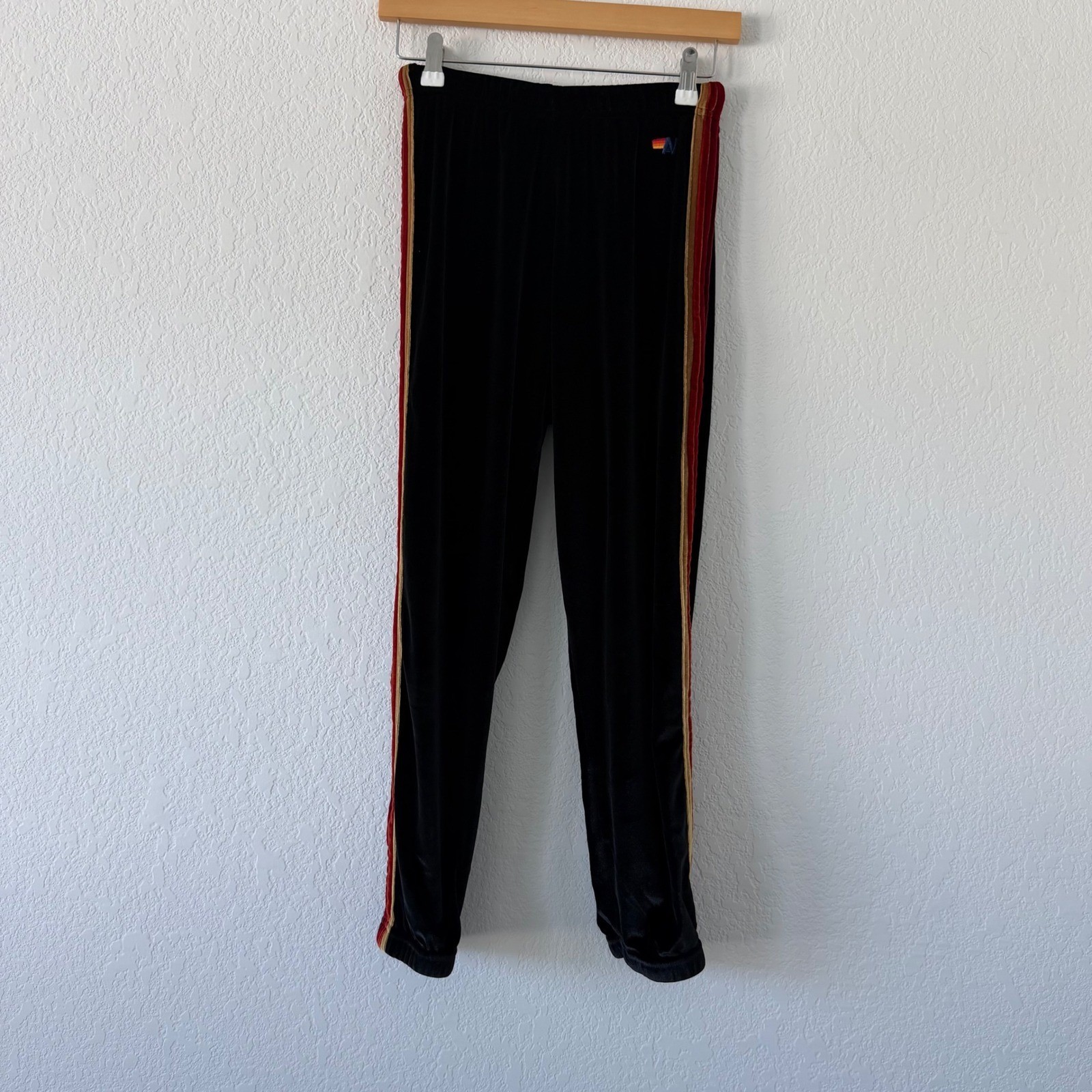 Aviator Nation Black Velvet Rainbow 5 Stripe Jogger Sweatpants Womens XS