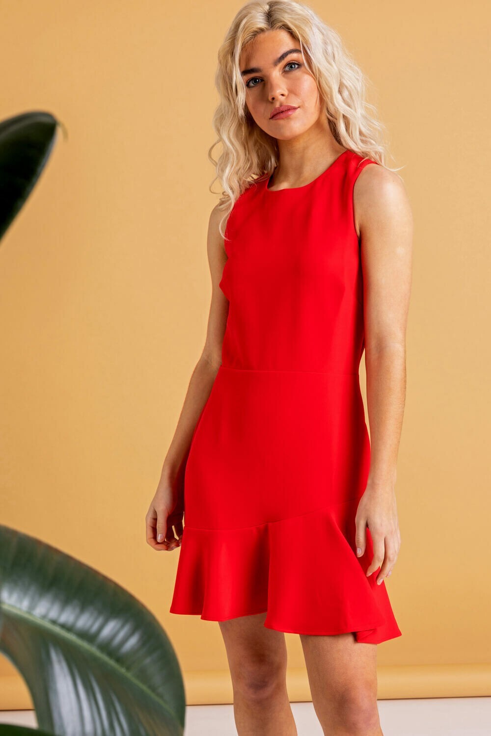 Dusk By Roman Red Stretch Sleeveless Peplum Hem Dress Smart Occasion Office UK16