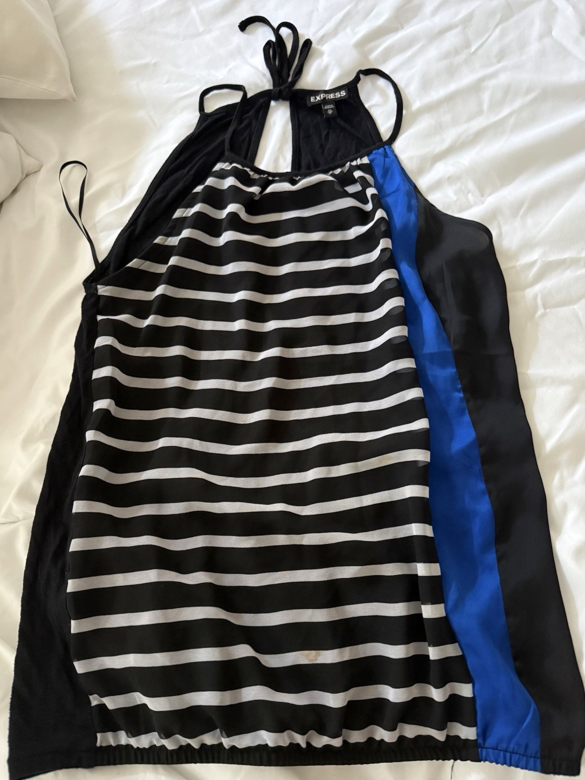 Express Halter Blouse Top Sleeveless Striped Black/White Blue Panel XS Women