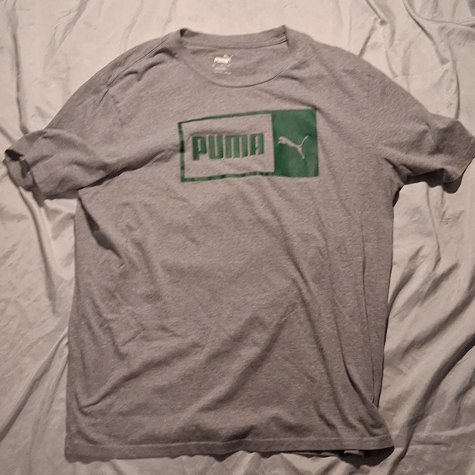 Puma Mens Graphic T-Shirt XL Grey Green Box Logo Short Sleeve Crewneck