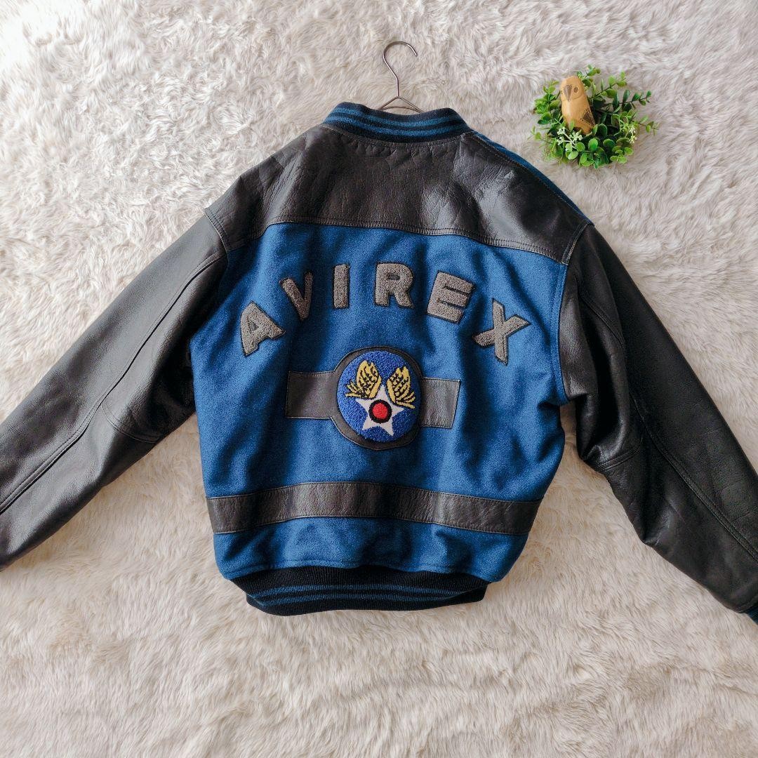 AVIREX Leather Wool Stadium Jacket Blouson Coat Men Size M Blue Black Vintage