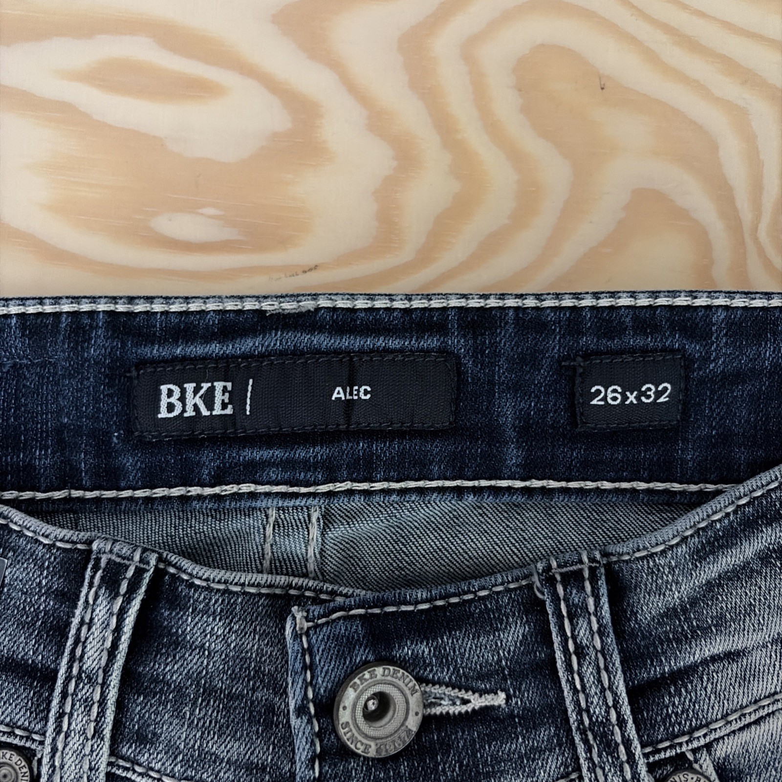 BKE Alec Denim Jeans Mens 26×32 Straight Dark Wash Stretch Thick Stitch Distress