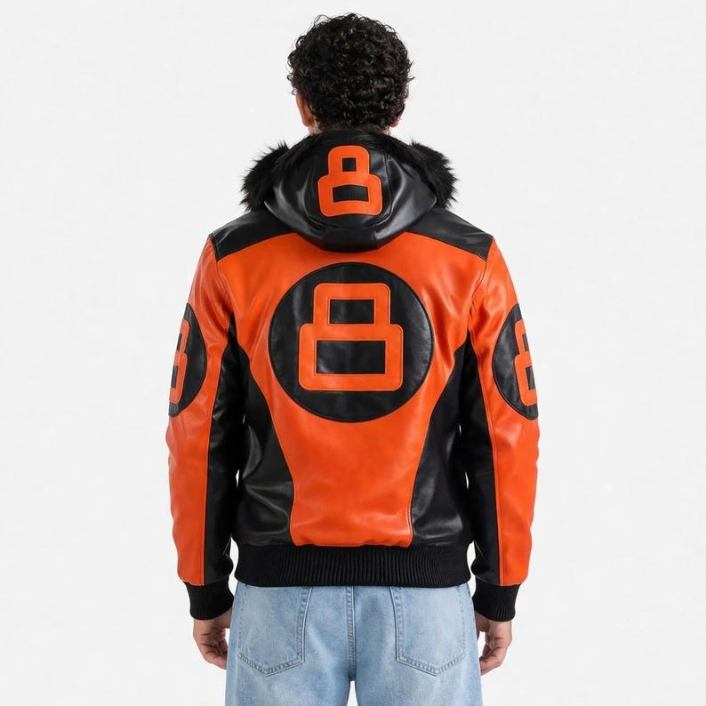 8 Ball Hooded Leather Jacket | 8 Ball Orange Leather Jacket