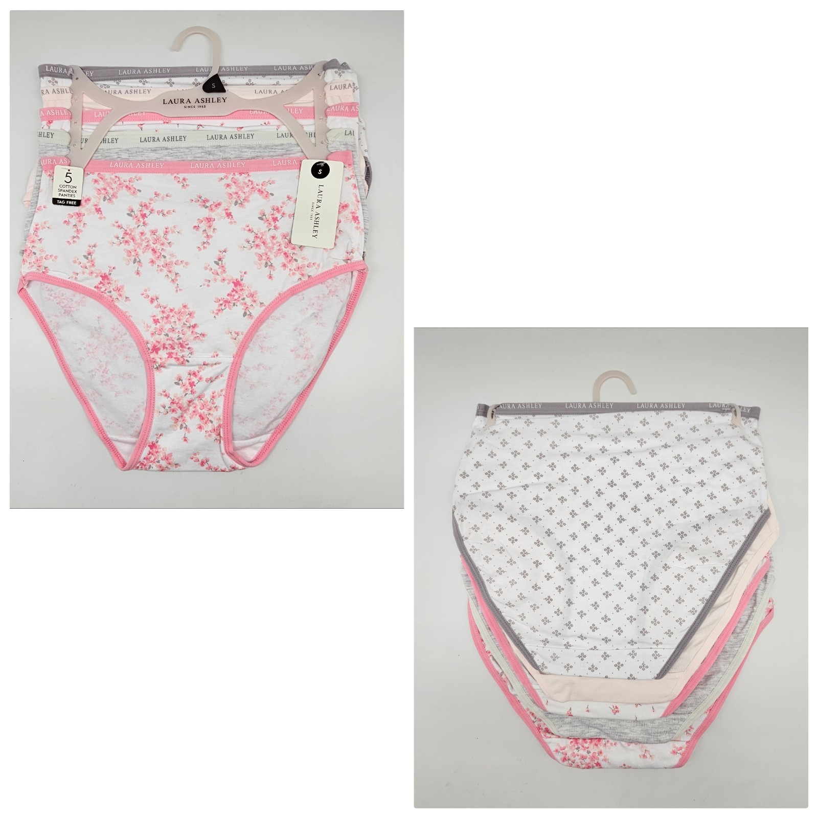 LAURA ASHLEY 5 Pack Women’s S M L Logo Cotton Panties White Pink Gray