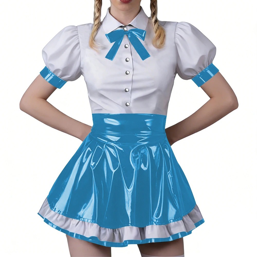 Women Vinyl PVC Bodycon Maid Sets Sweet Sexy Top Party Cosplay Unifom Skirt
