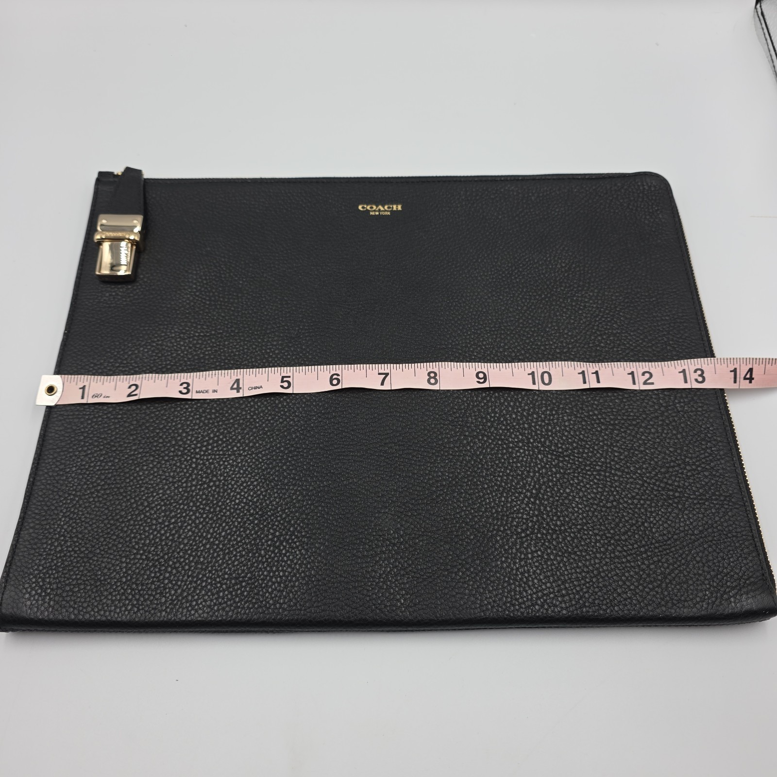 Coach Crosby Push Lock Black Pebbled Leather Zip Top Pouch Bag Document Table