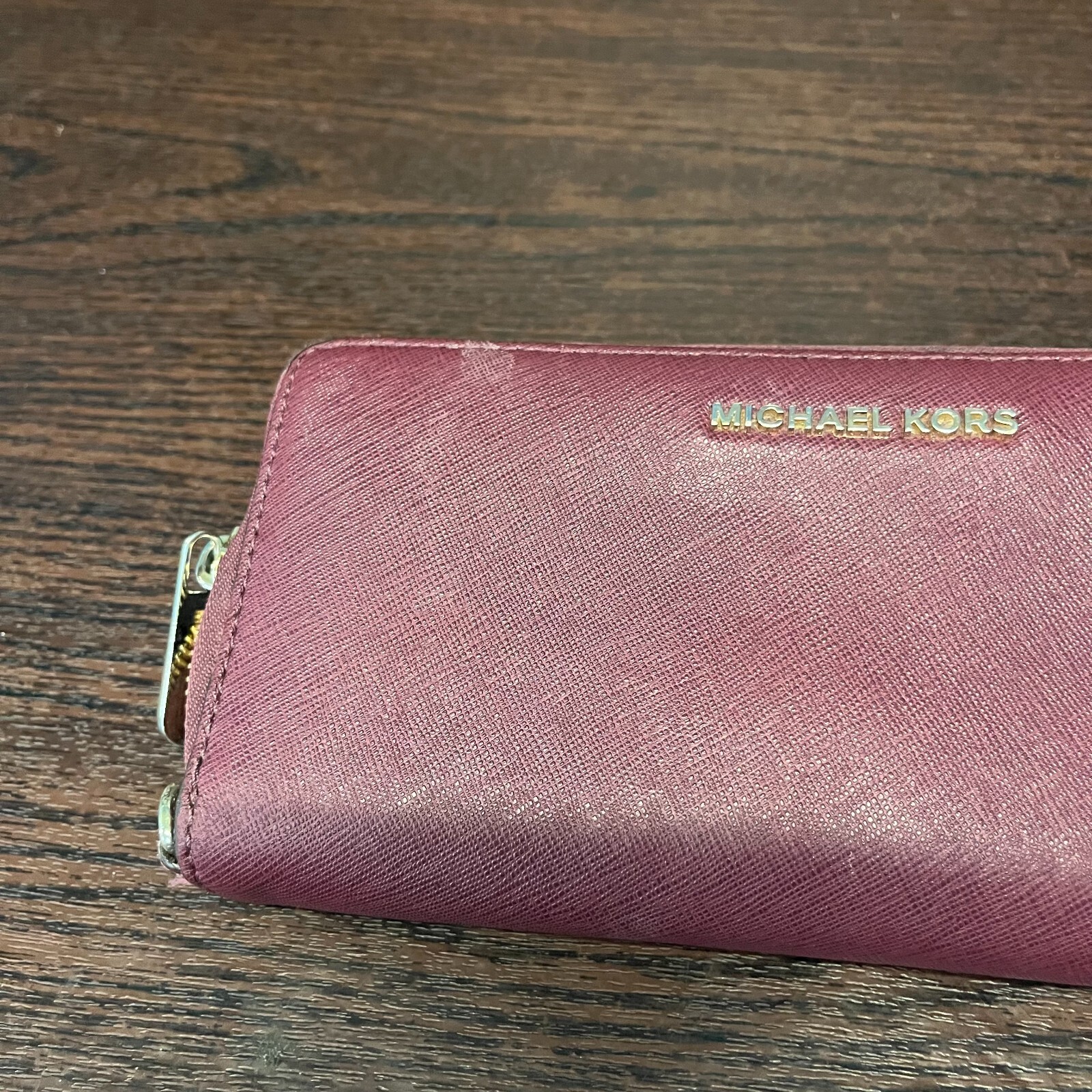 Michael Kors Womens Deep Red Leather Card Holder Pockets Zip Around Purse Wallet