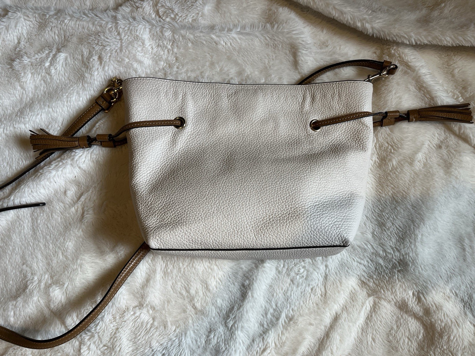 Coach Pebbled Beige Medium Crossbody, Brown Strap, Tassel, Gold Hardware