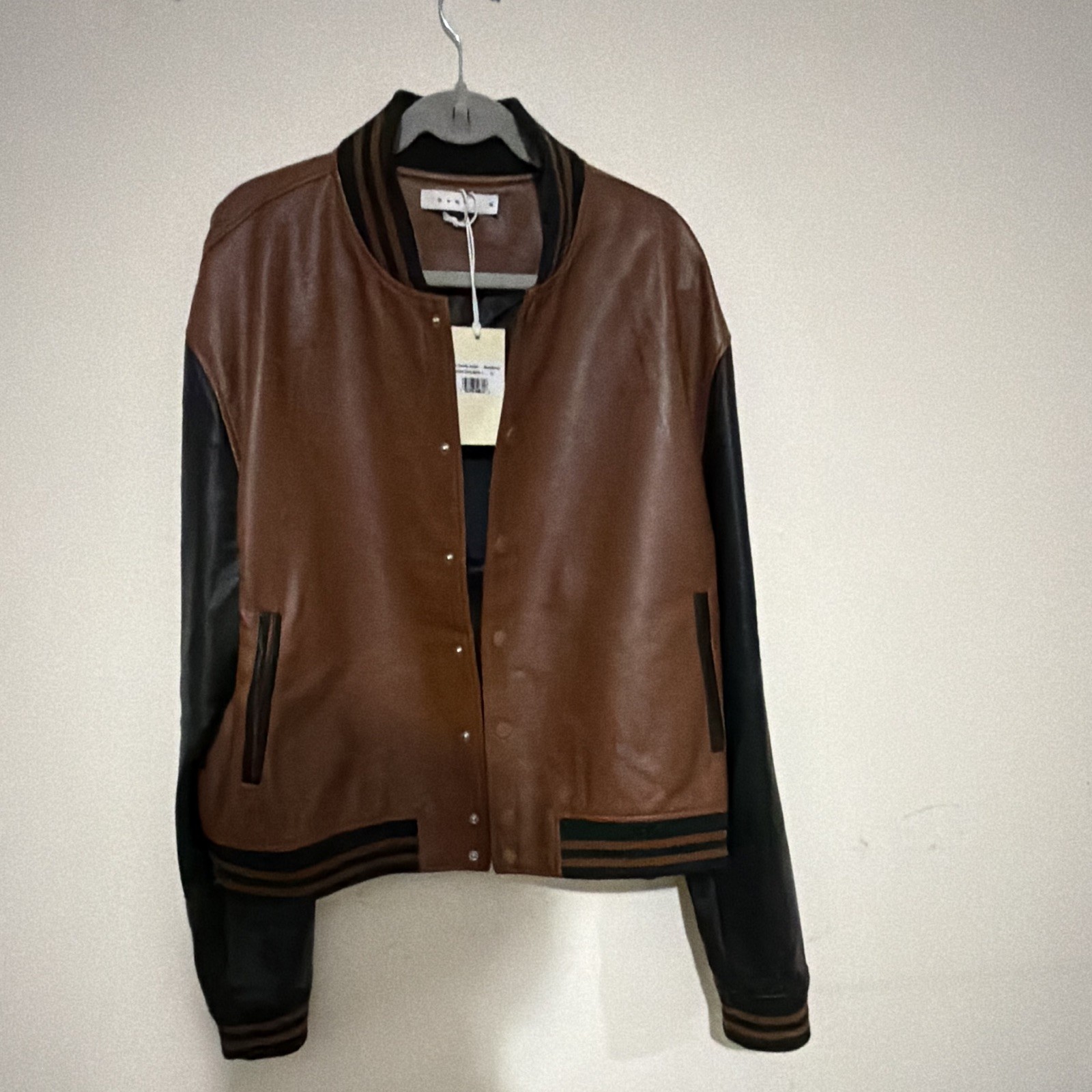 mnm Men’s Varsity Jacket Brown/Black Snap-Button Front Logo Striped XL