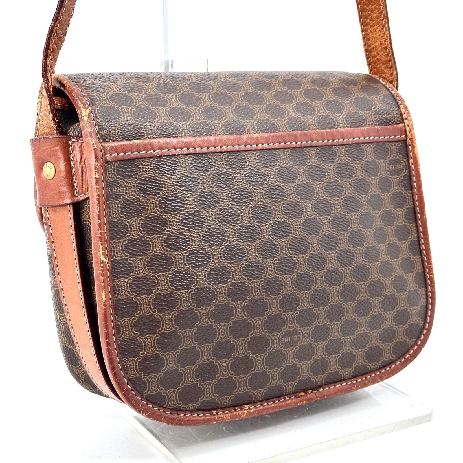 Vintage Celine Macadam Shoulder Bag Crossbody PVC Leather Brown