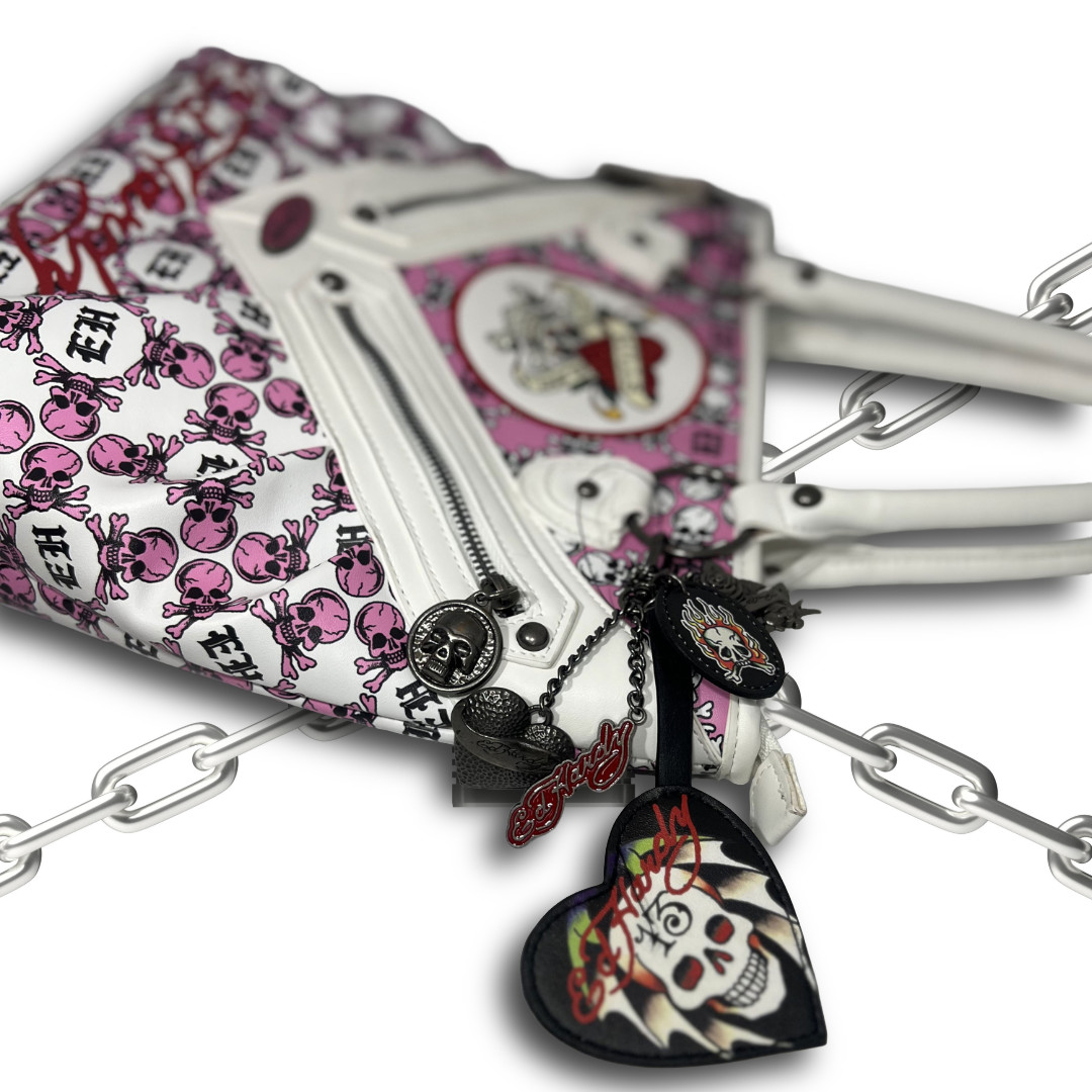NWT Ed Hardy Pink and White Skull Rhinestone Love Kills Slowly Tote Bag Charm