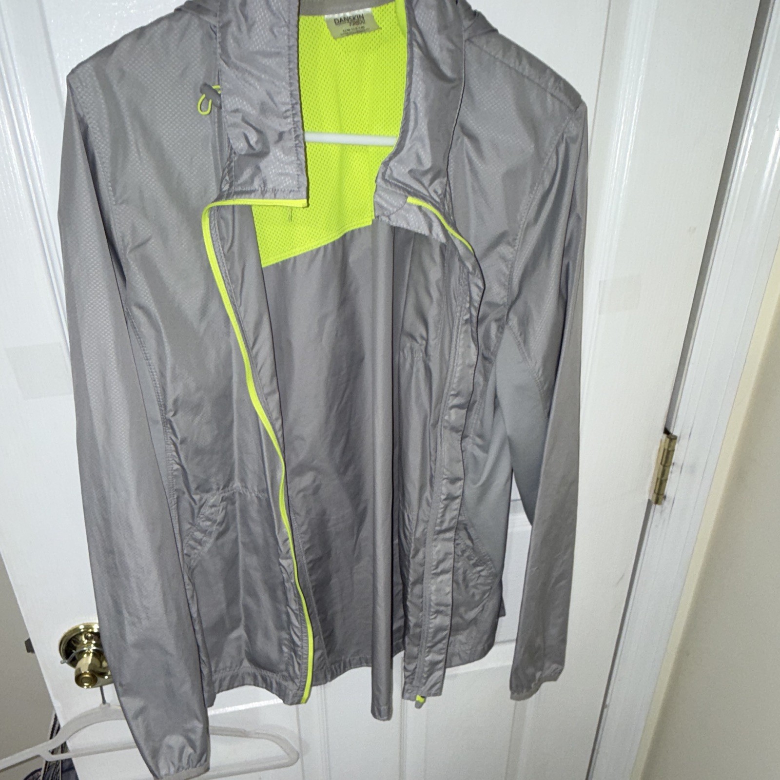 Danskin Now Women’s L Gray/Yellow Hooded Full Zip Reflective Windbreaker