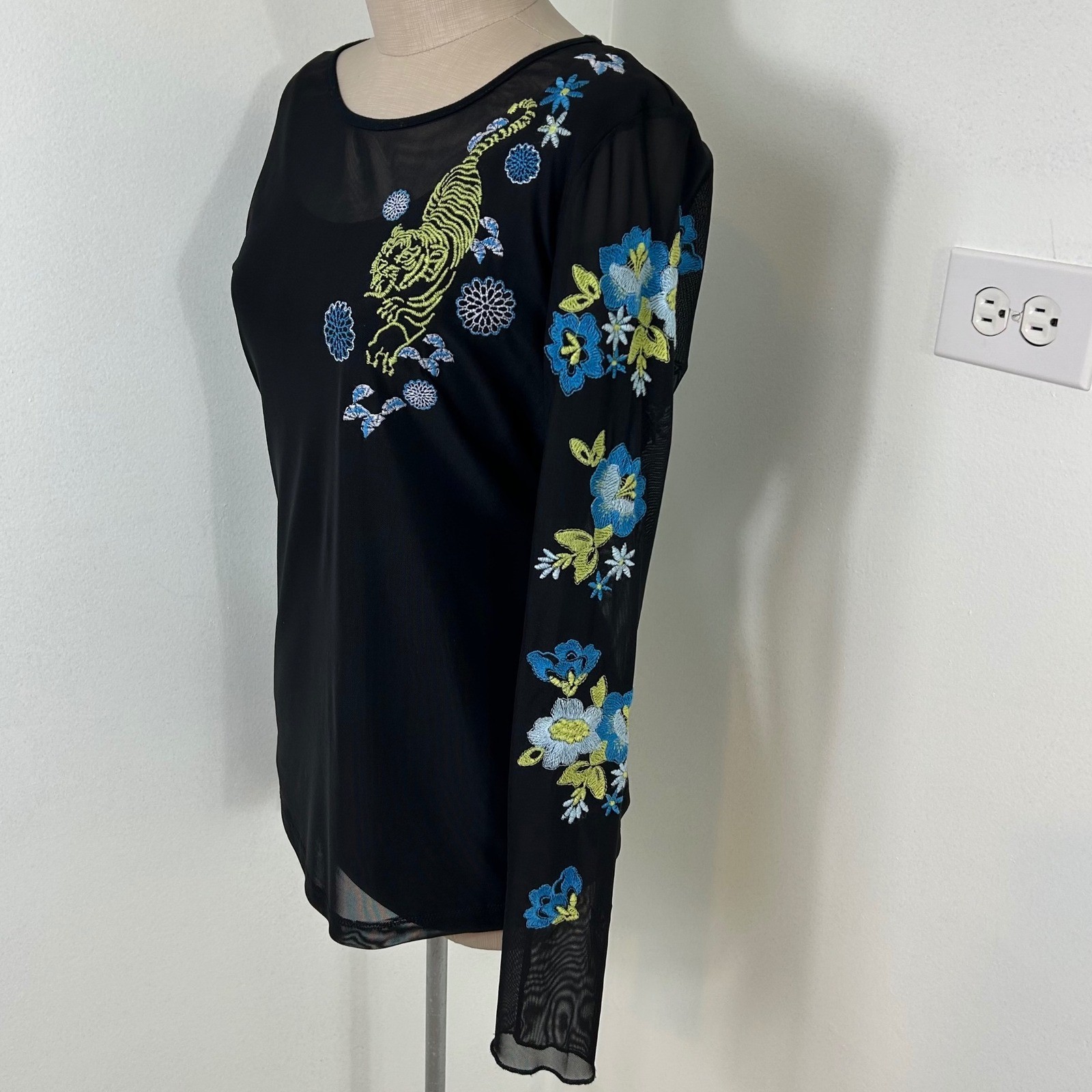Laurel Mesh Top Tiger Floral Embroidered Long Sleeve Blouse Black Size 6
