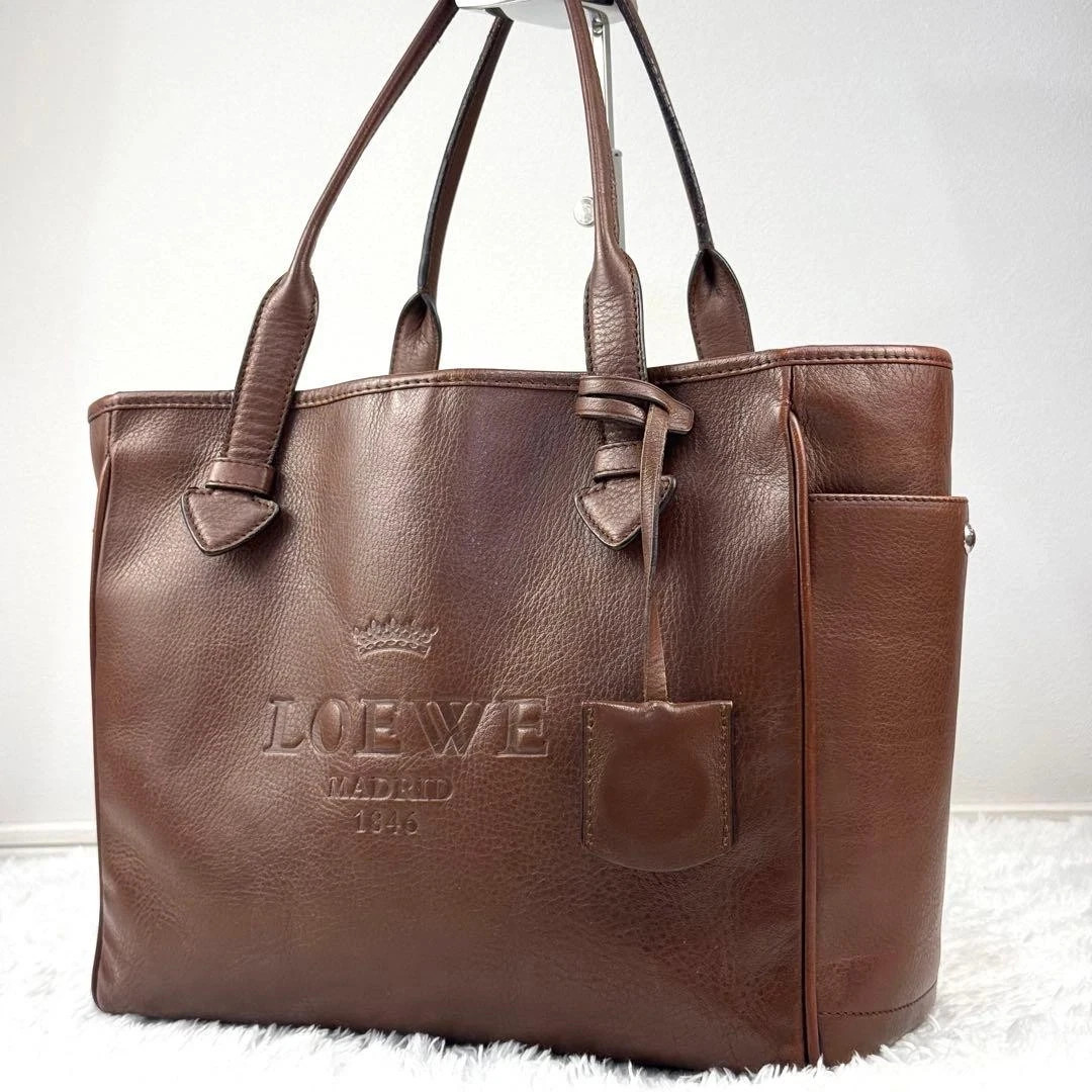 LOEWE Heritage Logodon Shoulder Tote Bag Leather Brown Classic Style