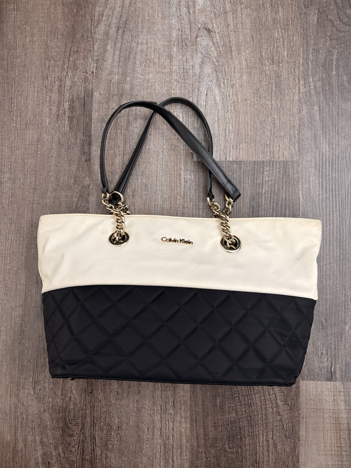Calvin Klein Black And White Quilted Tote Bag Golden Chain Strap