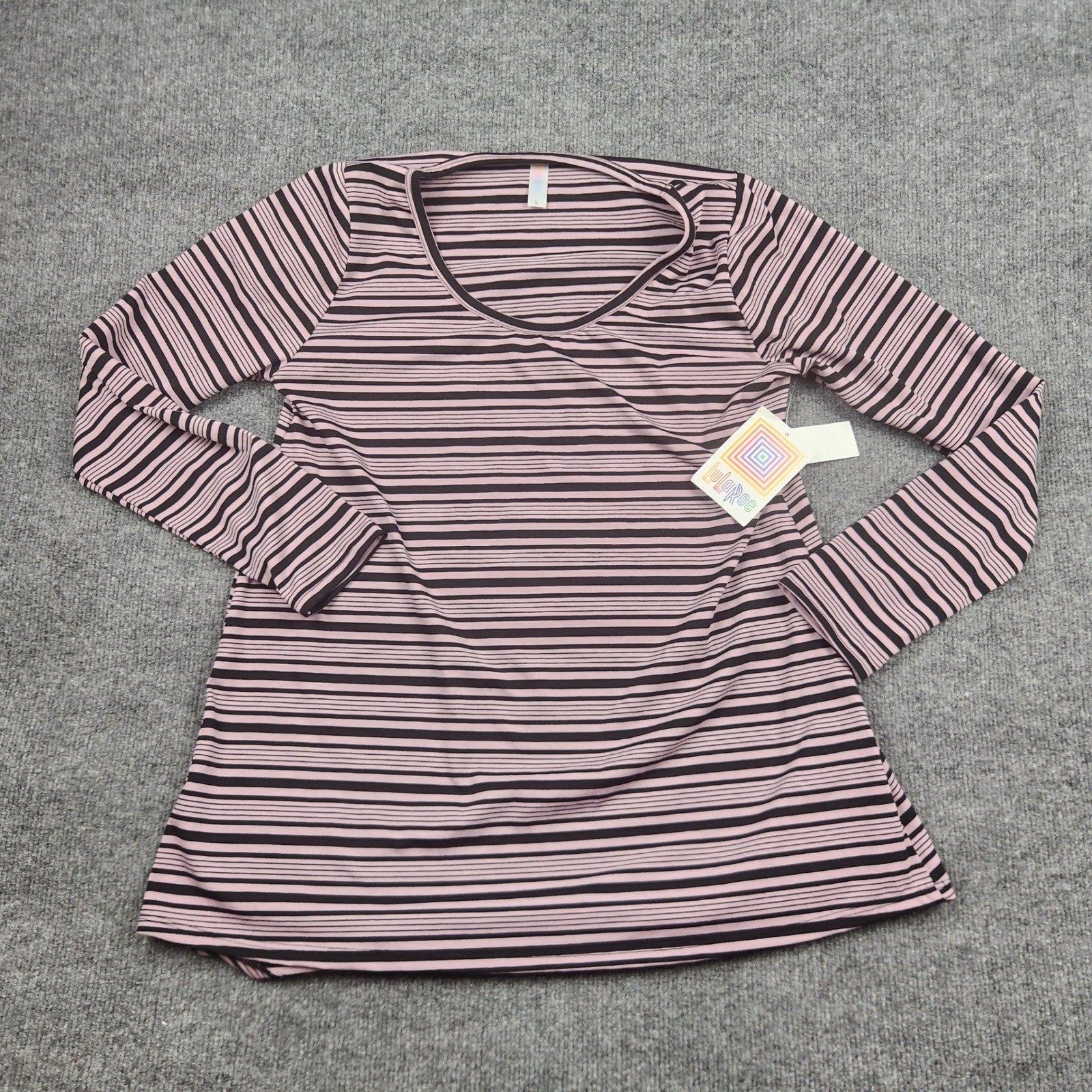 LuLaRoe Lynnae Long Sleeve Striped Scoop Neck Top Pink Black Large NWT