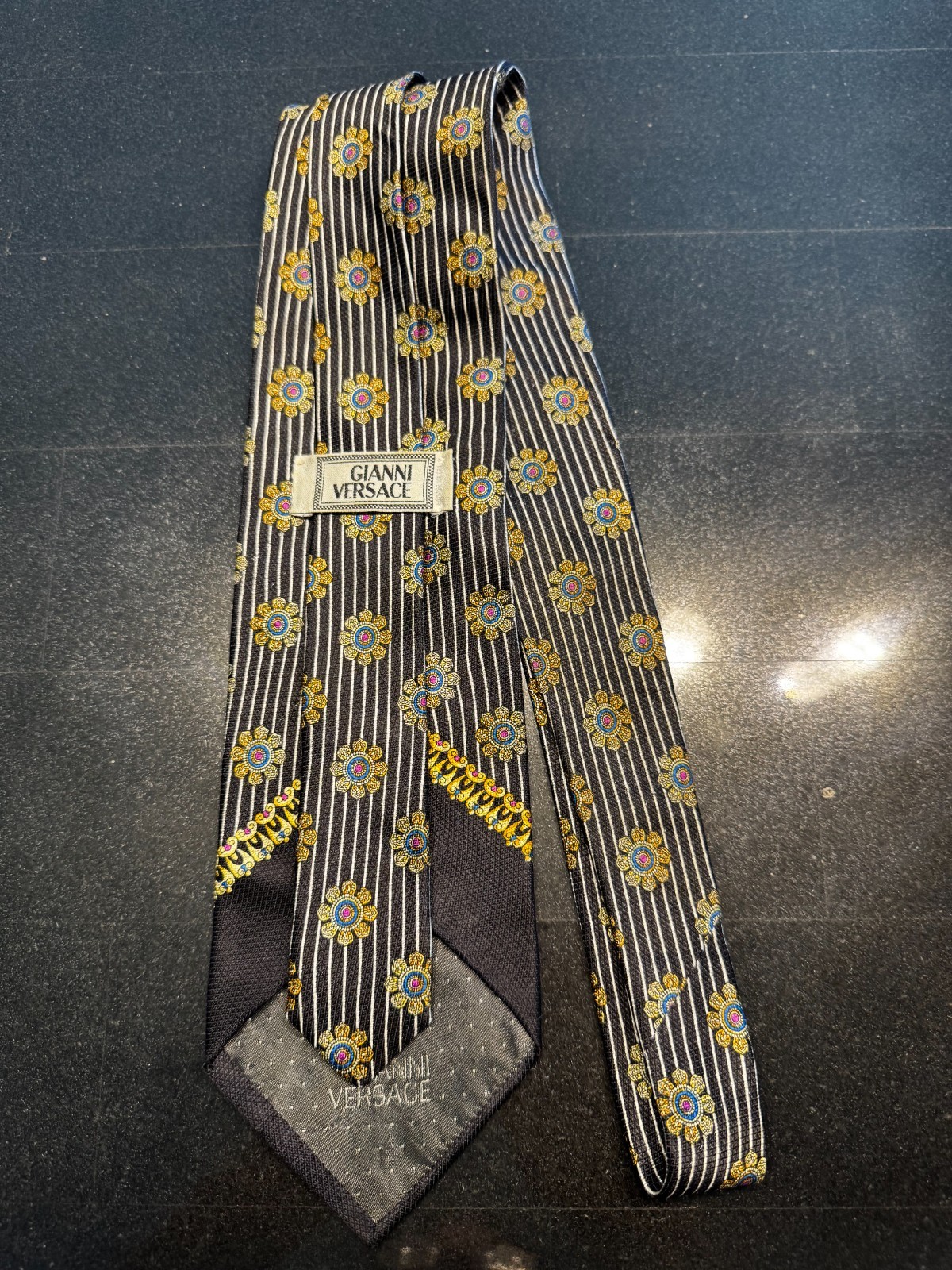 Vtg Gianni Versace Silk Tie Black Gold Gray Greek Key Medusa Head Authentic