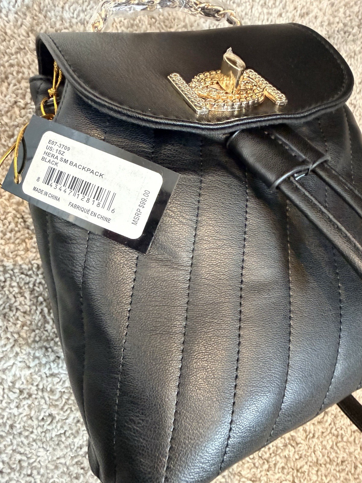 Bebe Black Backpack Drawstring Turn Lock Quilted Gold Hardware Adjustable Strap