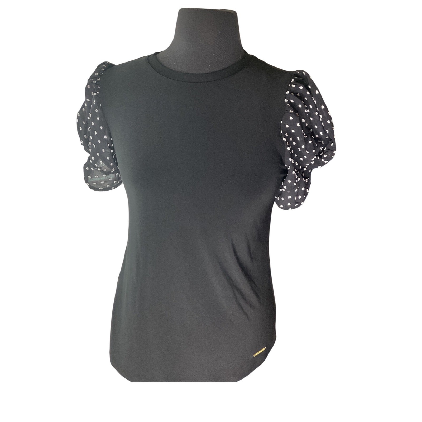 NWT Anne Klein Black Puff Sleeve Top Polka Dot Blouse Womens