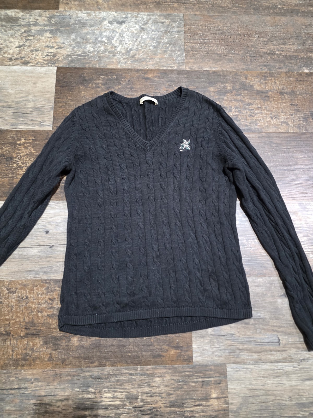 Fairway & Greene Ladies Black Cable-Knit V-Neck Pullover Cotton Sweater M