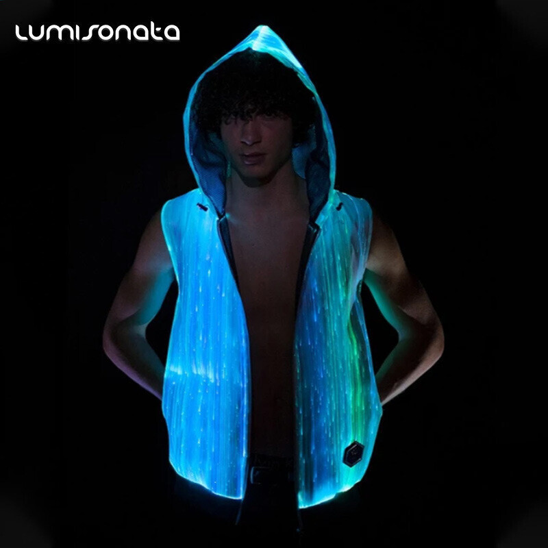 Men Luminous Optic Fiber Vest Party LED Hoodies Show RGB Lights Costume Clothing