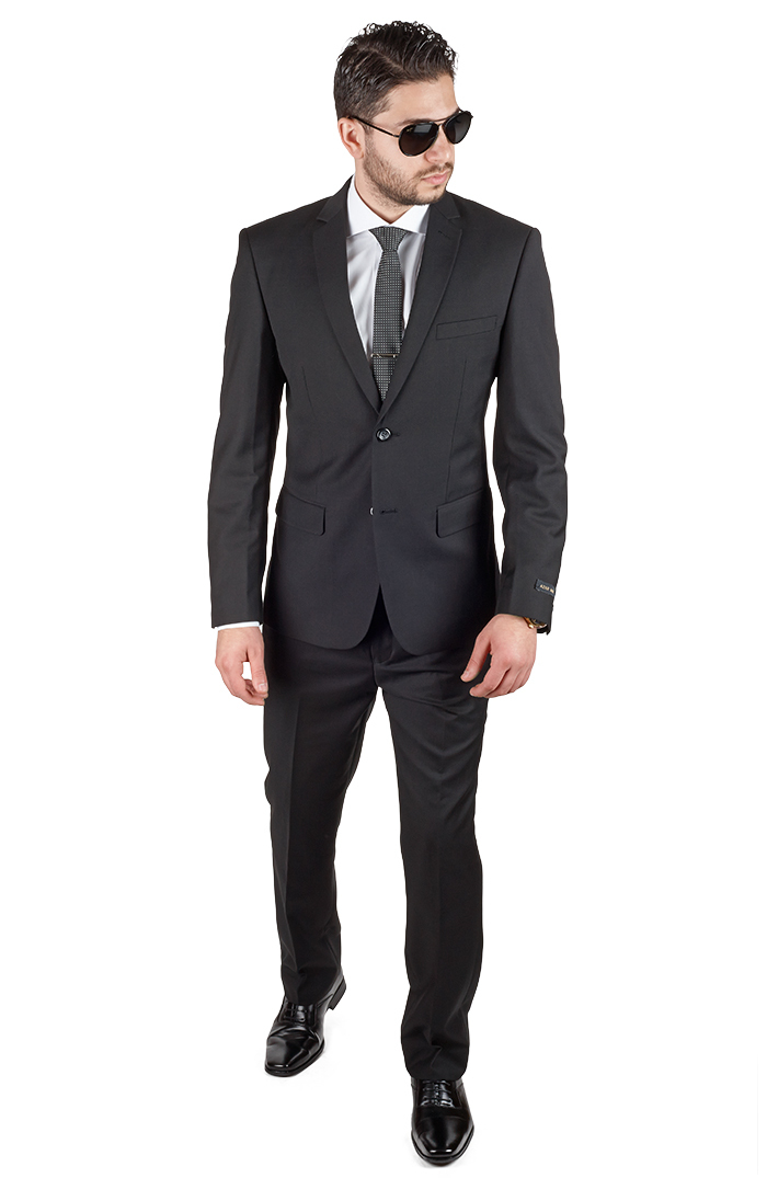 Solid Black Slim Fit Mens Suit 2 Button Notch Lapel Fitted Flat Front Pants AZAR