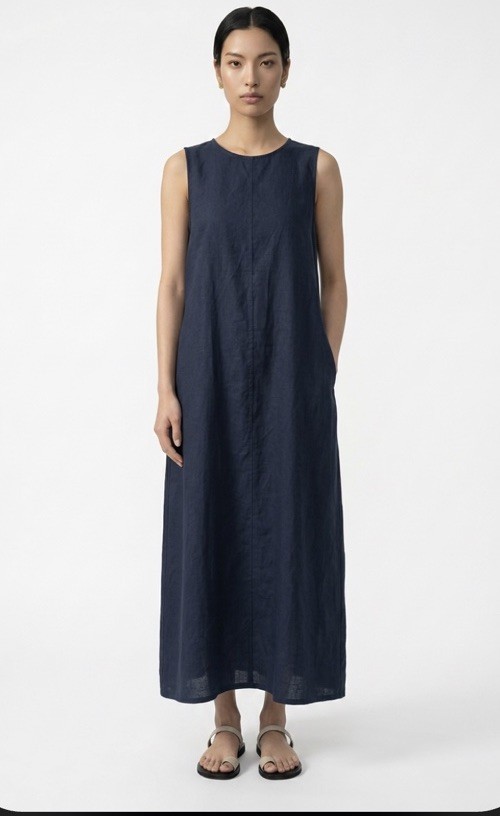 Eileen Fisher navy blue organic linen long dress with pockets XS NWT