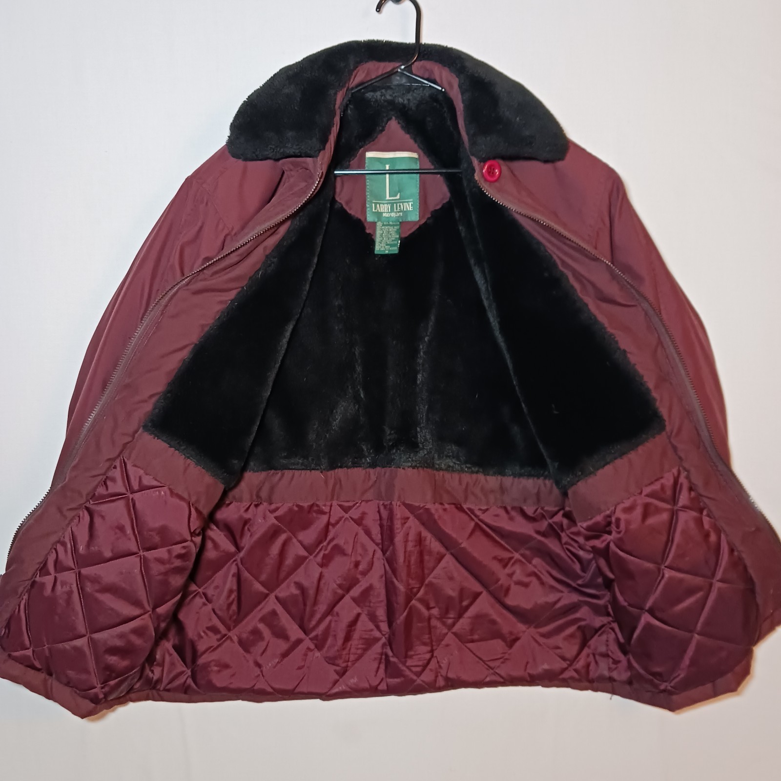 Vintage Larry Levine Womens Microfibre Coat Medium Burgundy Faux Fur Trim