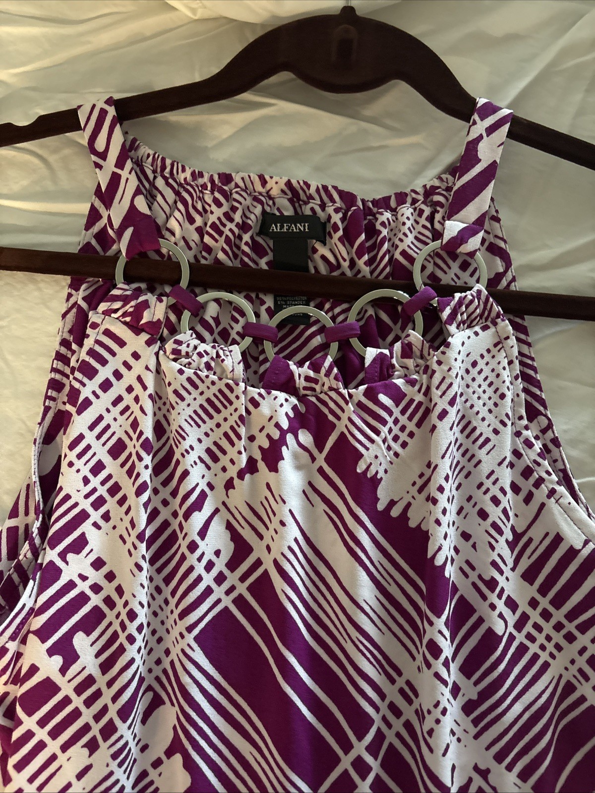 ALFANI Ring Neck Scarf Top M Printed Halter Metal Accent Asy Hem Fushcia MINT