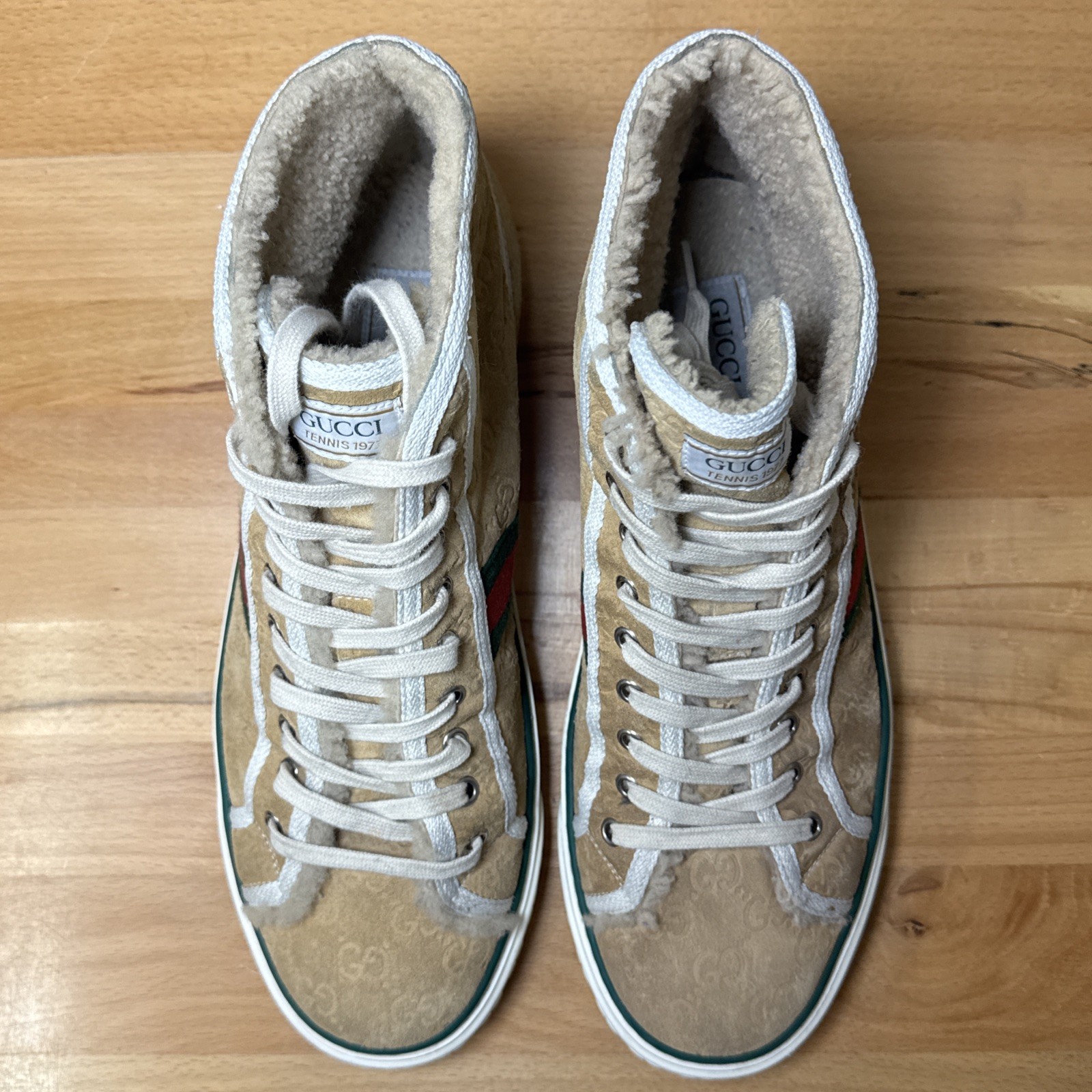 Gucci Tennis 1977 High Top Beige GG Monogram Suede Shearling UK 11 Men’s US 12