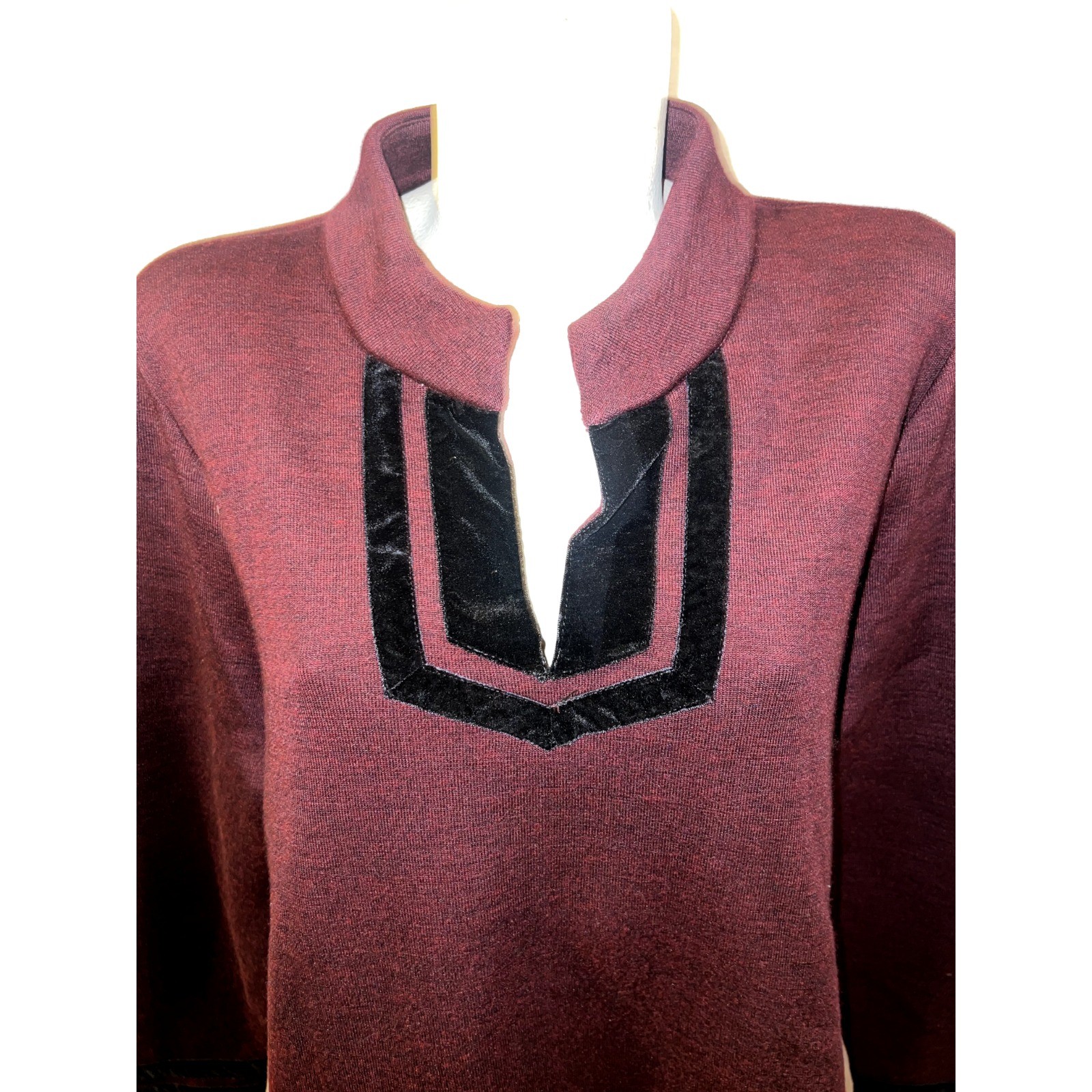 Soft Surroundings Burgundy Wool Blend Velvet Trim Split Neck Tunic Sweater 3X