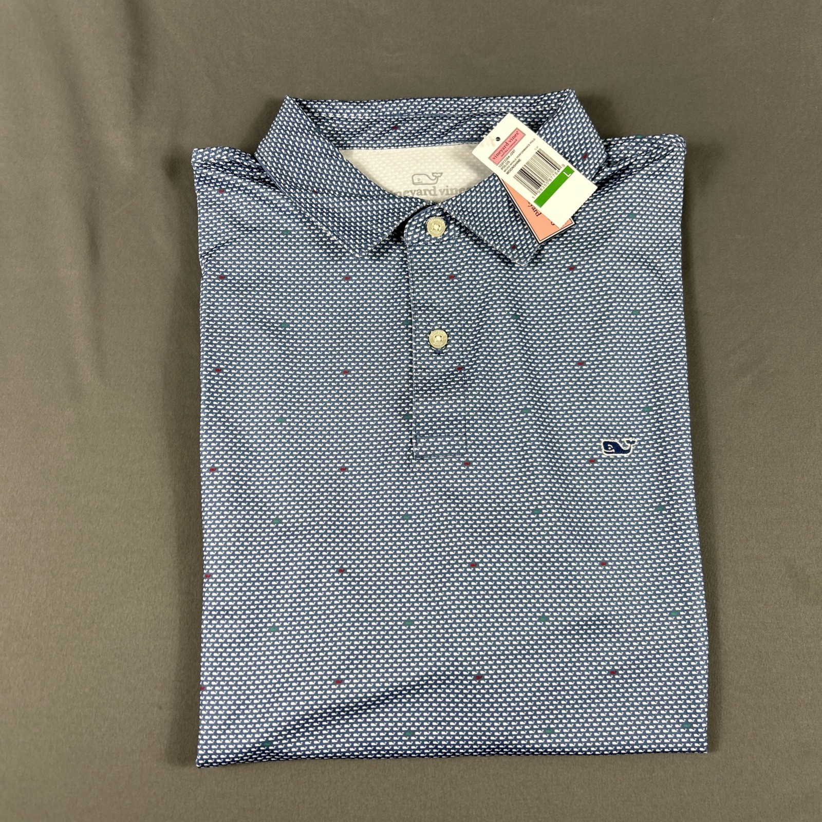 Vineyard Vines Golf Shirt Polo Micro Whale Print Large Moonshine Polyester