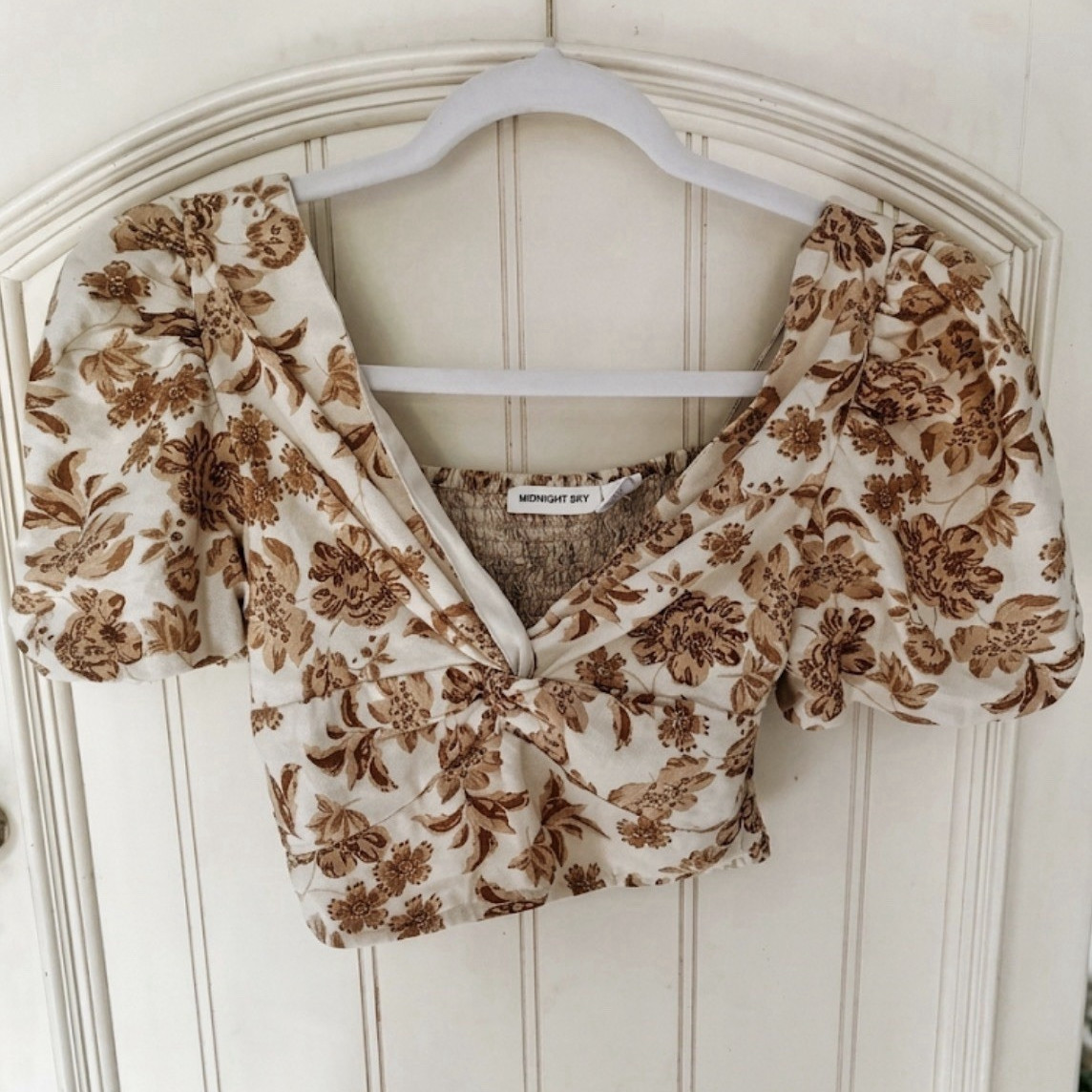 Midnight Sky Maternity S Floral Smocked Puff Sleeve Cropped Square Neck Blouse