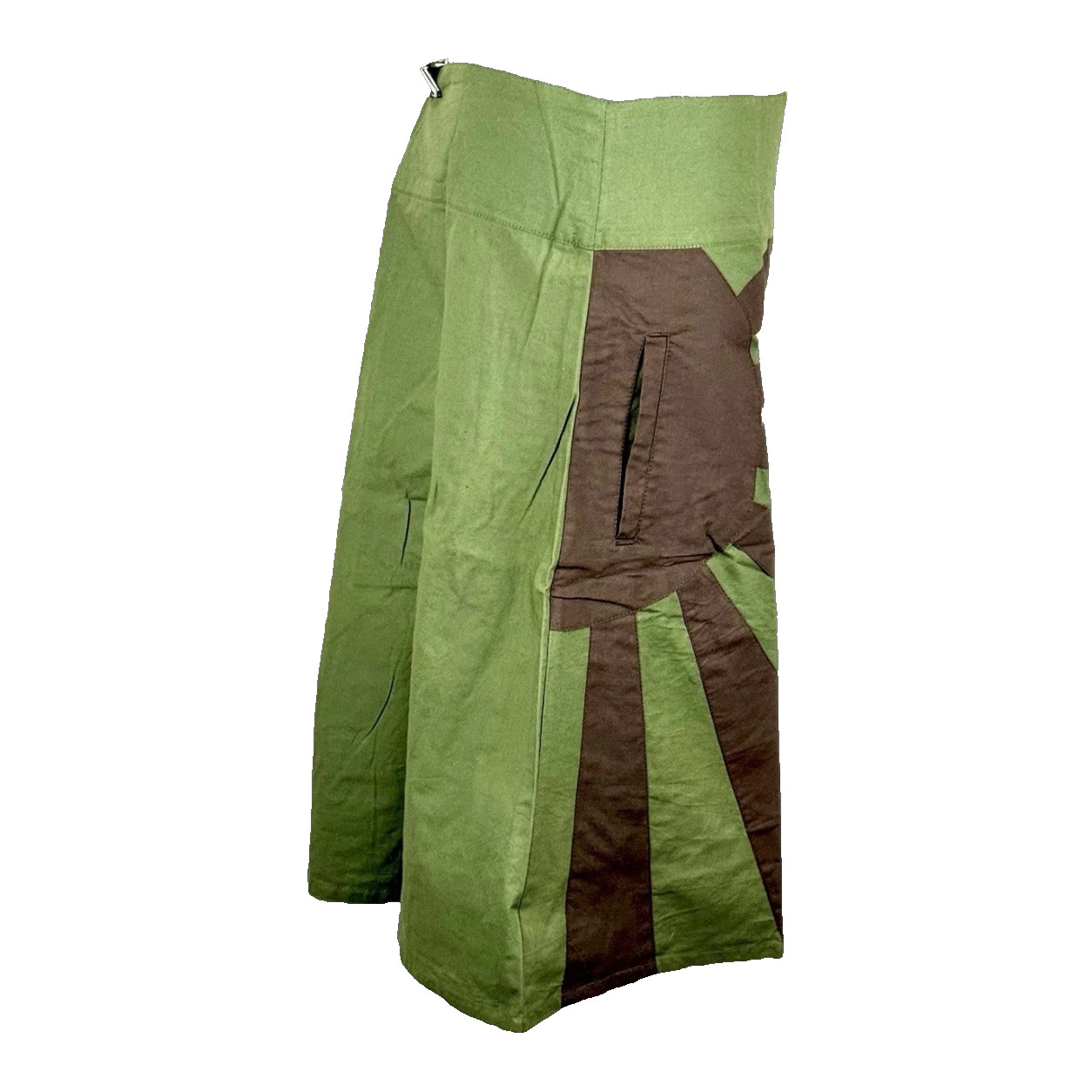 M&L Midi Skirt Medium Green With Brown Sunburst Pocket Zipper Hip 100% Cotton