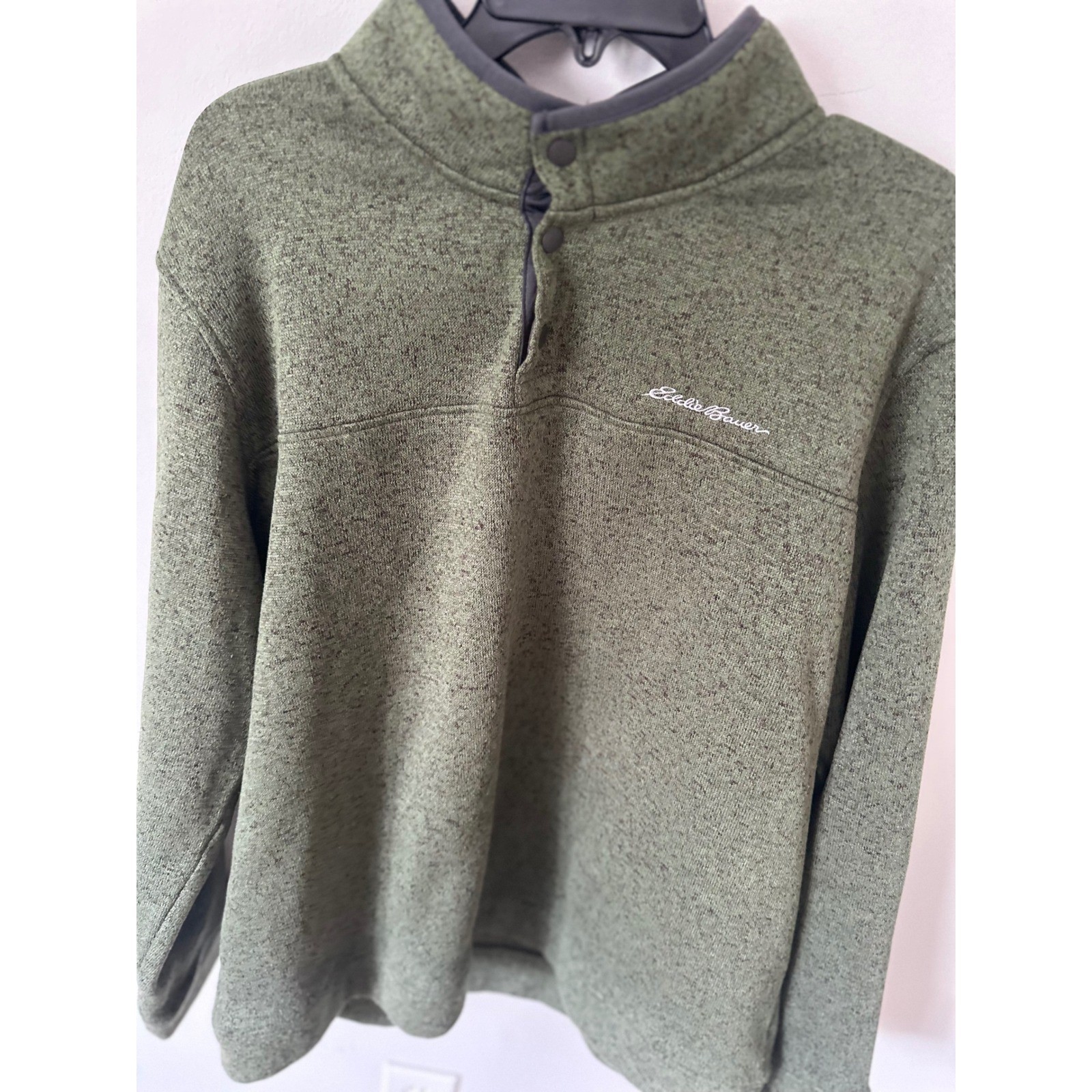 Eddie Bauer Mens XL Green Marled Snap Mock Neck Fleece Pullover Sweater