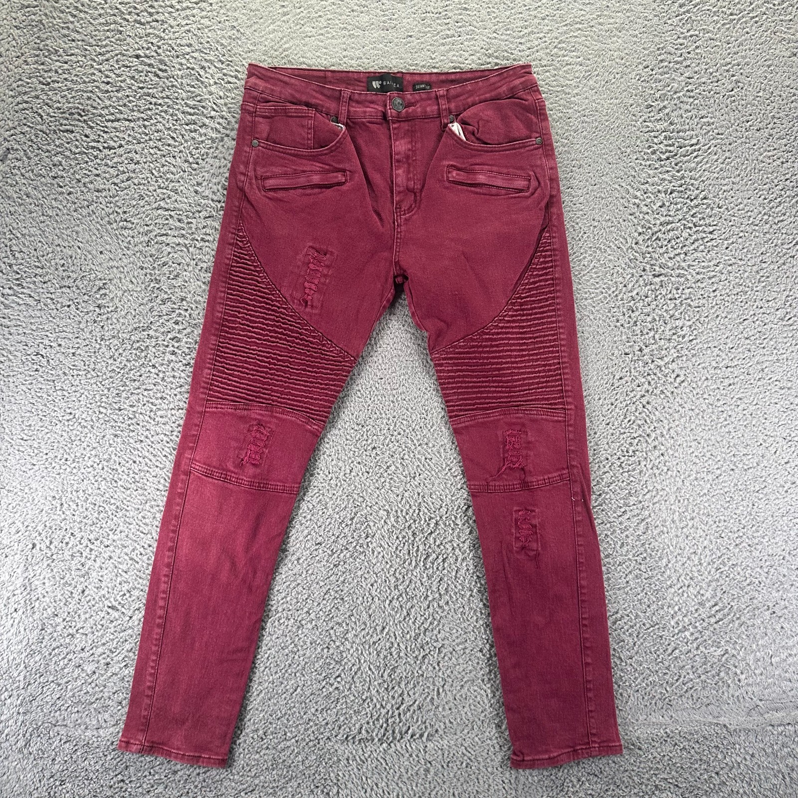 Waimea Jeans Mens 34×30 Red Cotton Denim Skinny Leg Biker Moto Workwear Stretch