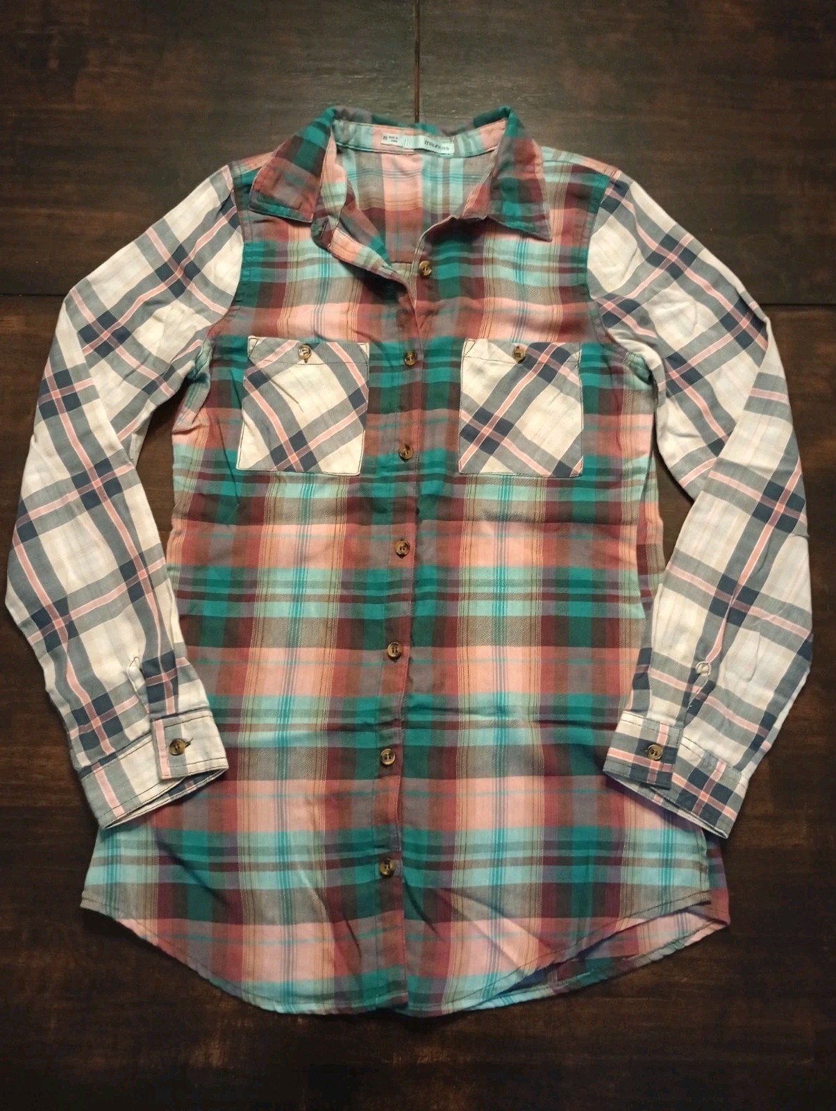 Maurices XS Mauve, teal, pink Plaid Long Sleeve Button Up Shirt