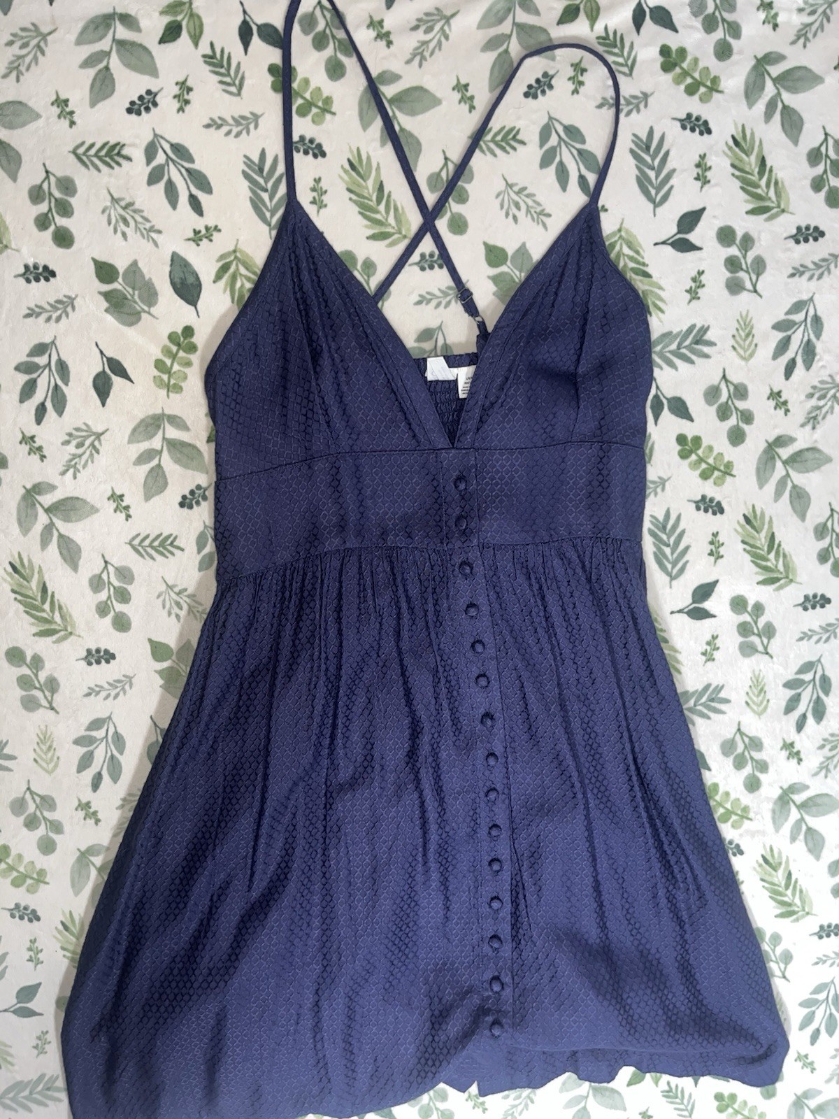 Roxy Blue Solid Sundress Spaghetti Strap V-Neck Button Front Short Dress L/G