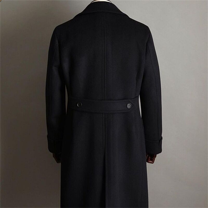 Men’s Black Wool Blend Winter Overcoat Heavy Men‘s Windproof Lapel Long Jacket