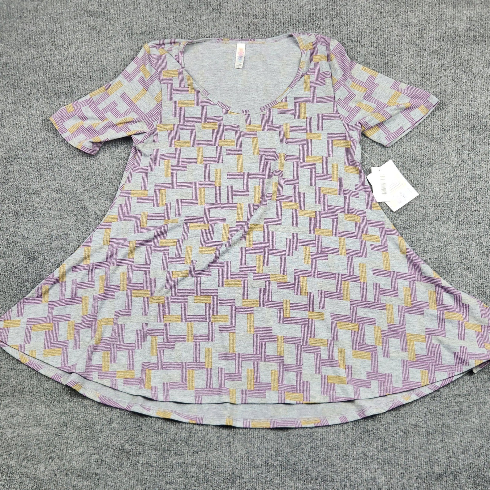 LuLaRoe Perfect T Womens Small Grey Purple Yellow Geometric Swing Tunic Top NWT