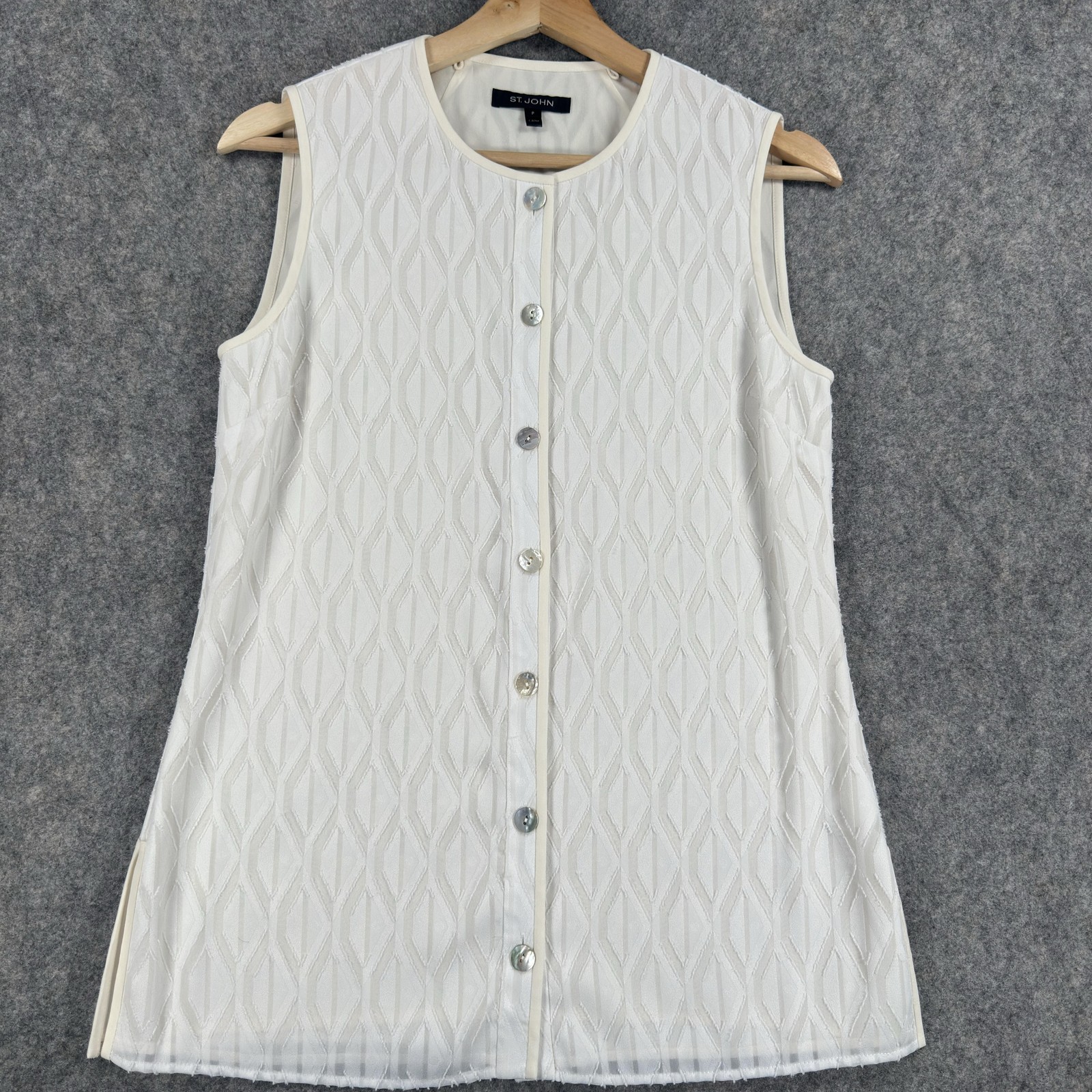 St. John Tunic Top Womens Petite P White Geometric Button Front Sleeveless