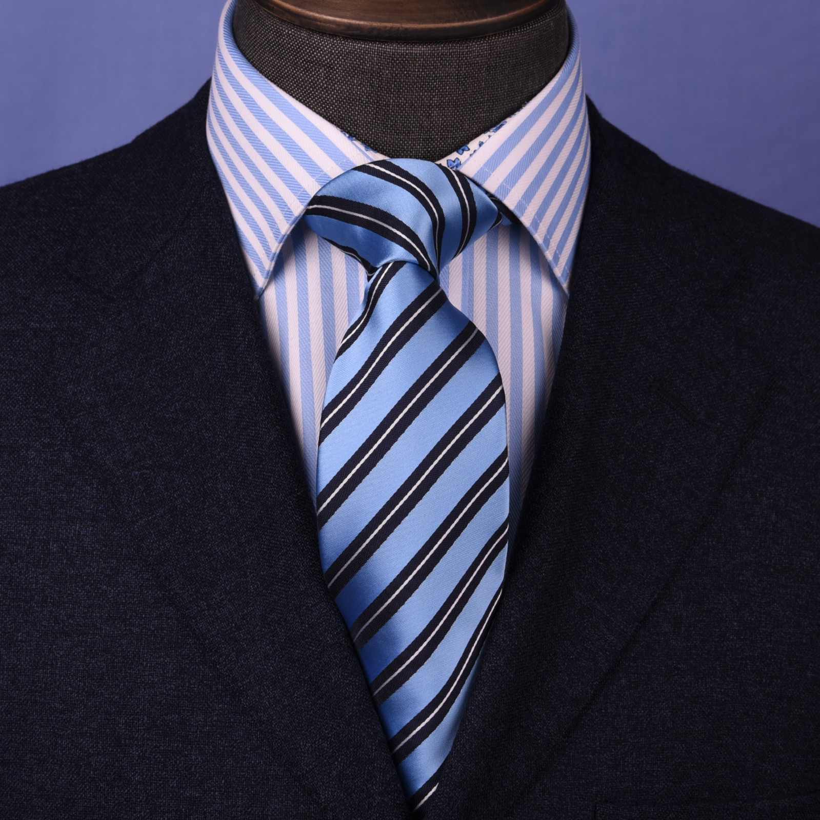 Stylish Blue Striped Necktie Classic Width Fit 8cm Tie Woven Luxury 3.15 Wide GQ