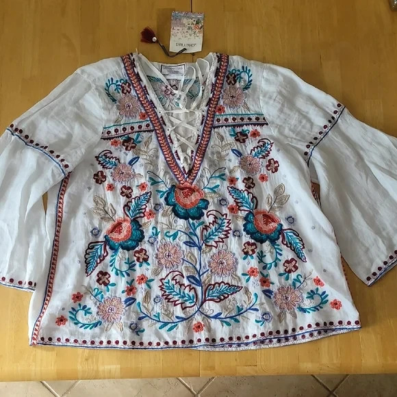 Johnny Was Oman Laceup Swing Embroidered Blouse Size L