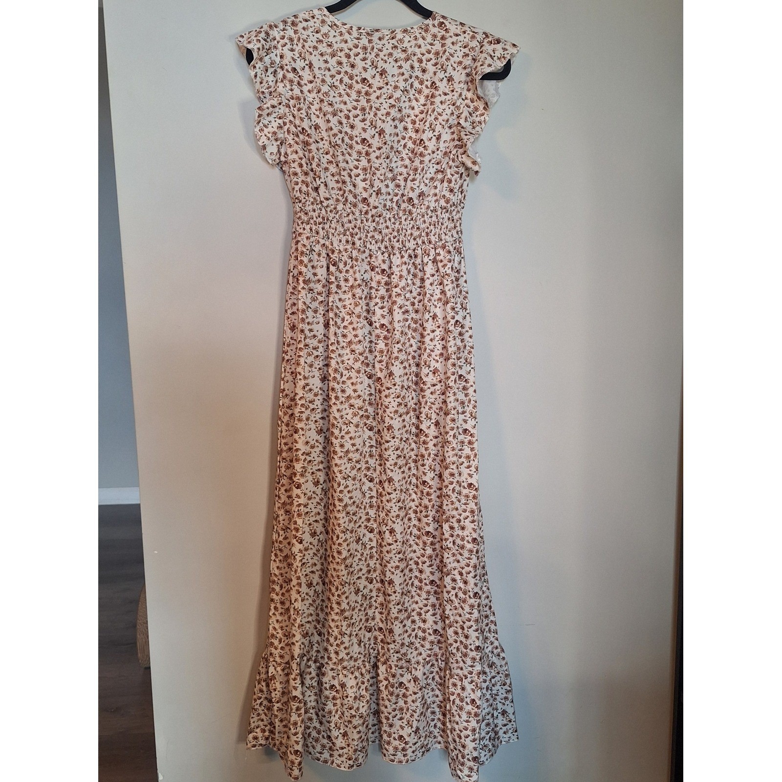 SHEIN Floral Smocked Waist Maxi Dress Brown Cream Ruffle Cap Sleeve Size Small