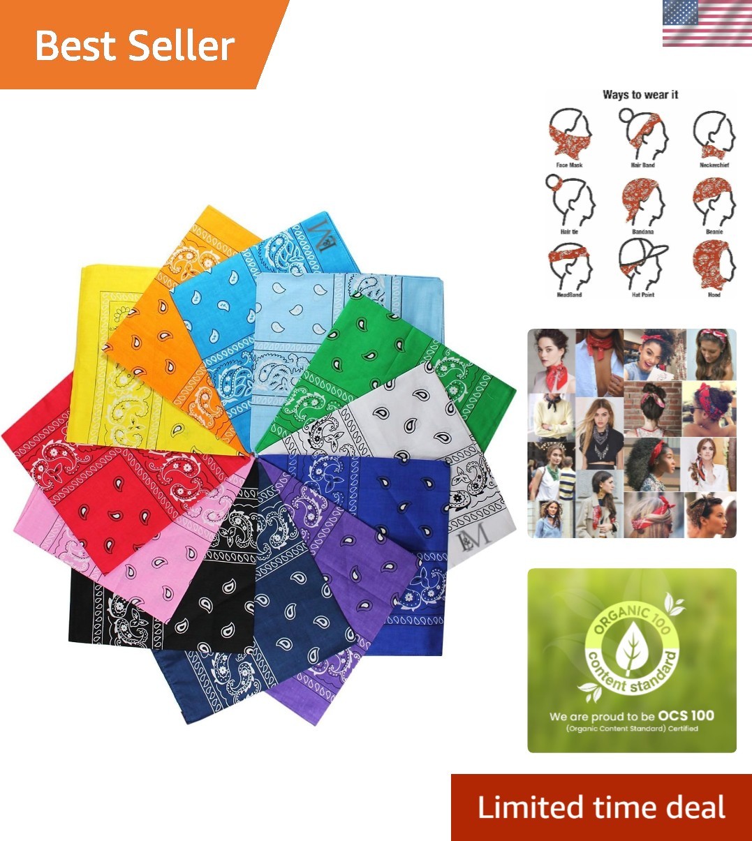 Multi-Colored 12-Pack Bandanas – 100% Soft Cotton for Stylish Outdoor Activities