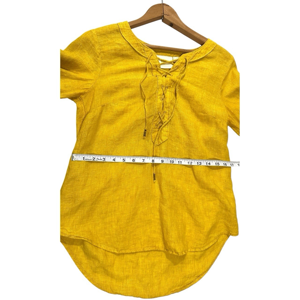 Maeve 4 Yellow Solid Woven Linen Lace-Up V-Neck Roll Tab 3/4 Tunic Blouse