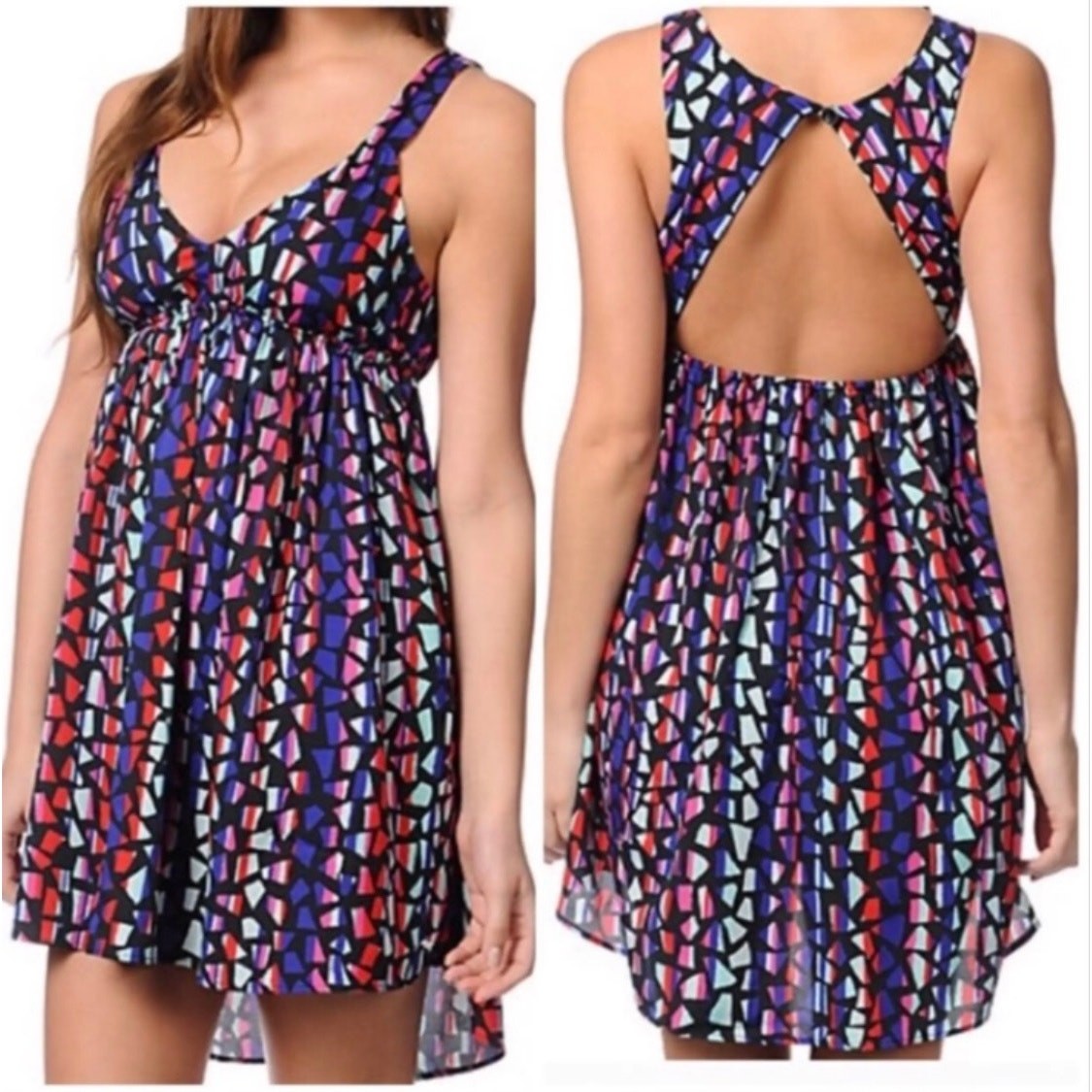 Roxy Love Seeker Dress Large Geometric Print Open Back Fit & Flare Mini Dress