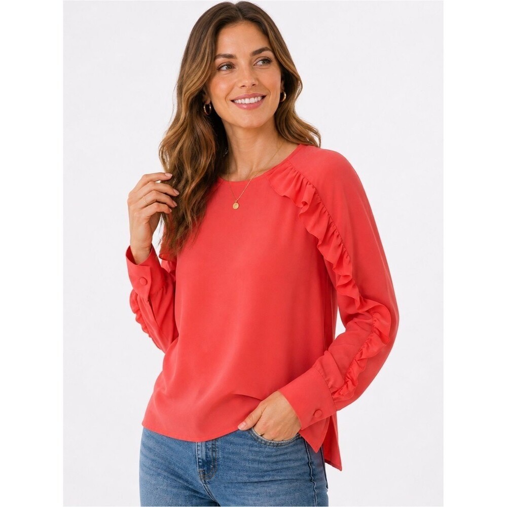 J.Crew 100% Silk Coral Red Blouse Size 2 Ruffle Sleeve Tomato Red Top Workwear
