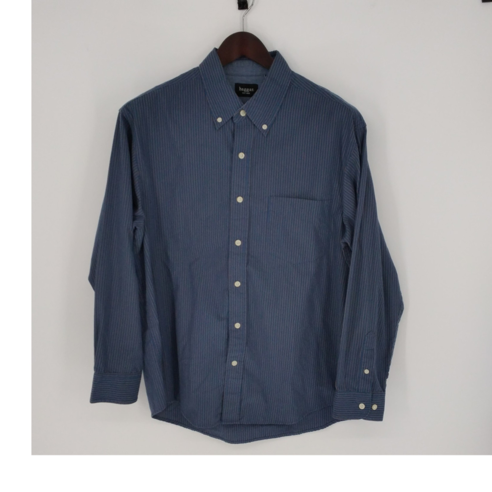 Haggar Men’s L Blue Striped Woven Cotton Blend Button-Down Shirt Pockets